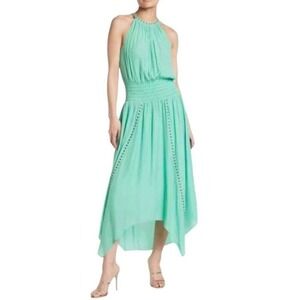 B6 Ramy Brook Halter Dress Studded‎ Smocked Waist Handkerchief Hem Mint S